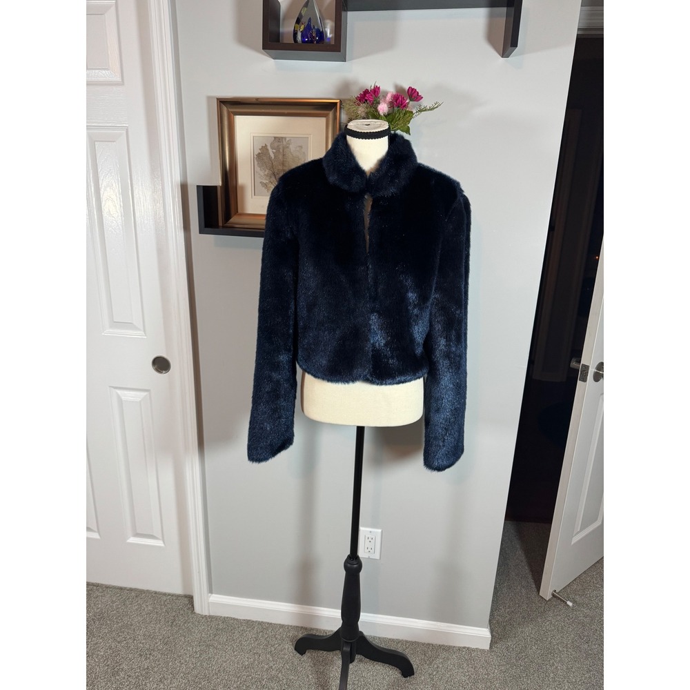 Vintage Y2K Forever 21 Navy Blue Faux Fur Mob Wife Metallic Sheen Jacket Medium